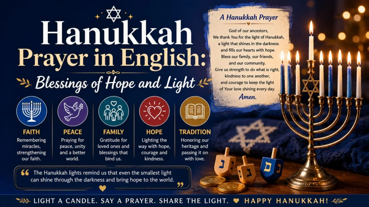 Hanukkah prayer in English with a glowing menorah, dreidels, Star of David, and blessings of hope and light.
