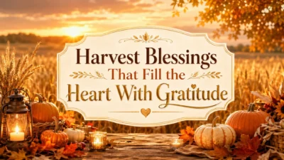 Harvest blessings with golden autumn field, pumpkins, candles, and gratitude-themed seasonal message