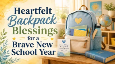 Backpack blessings with school bag, Bible, supplies, and faith-filled back-to-school message
