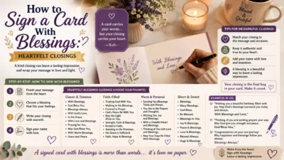 How to sign a card with blessings guide featuring heartfelt closings, handwritten notes, flowers, candle, and greeting card.
