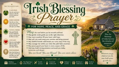 Irish blessing prayer image with a peaceful cottage, sunrise, green hills, Celtic cross, and words of hope and grace.