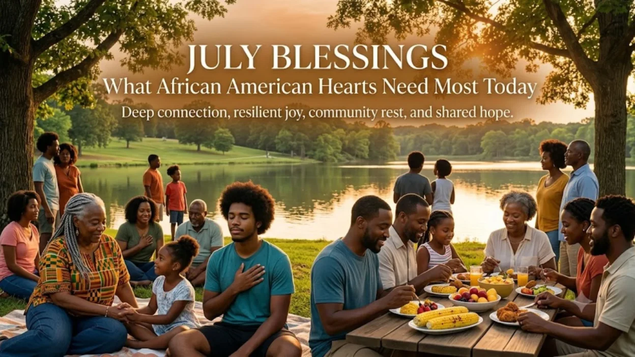 Peaceful African American community gathering for a summer picnic by a lake, highlighting July blessings and shared hope.