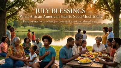 Peaceful African American community gathering for a summer picnic by a lake, highlighting July blessings and shared hope.