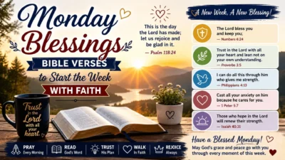 Monday blessings Bible verses image with sunrise, open Bible, coffee mug, and faith-filled verses for the week.