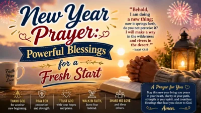 New Year prayer with clasped hands, an open Bible, sunrise, fireworks, and powerful blessings for a fresh start.
