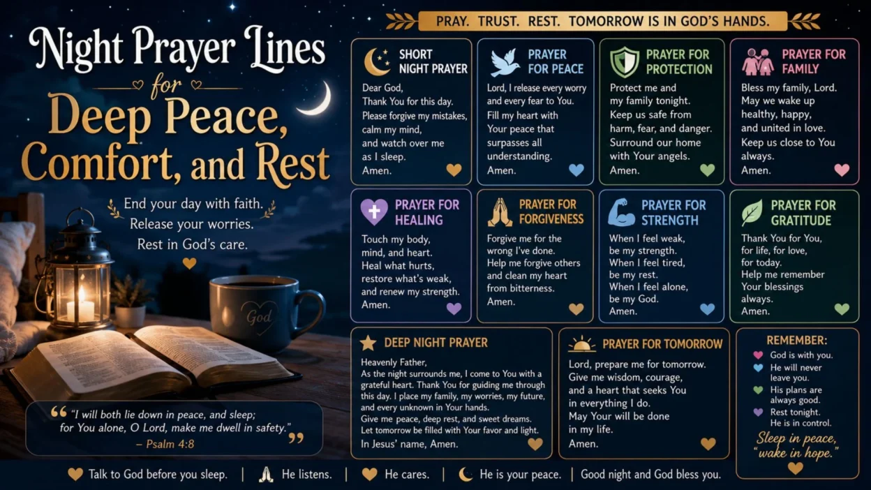 Night prayer lines for peace and rest with an open Bible, glowing lantern, moon, stars, and bedtime blessings.