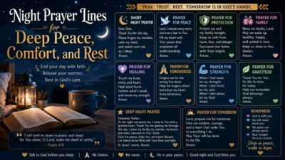 Night prayer lines for peace and rest with an open Bible, glowing lantern, moon, stars, and bedtime blessings.