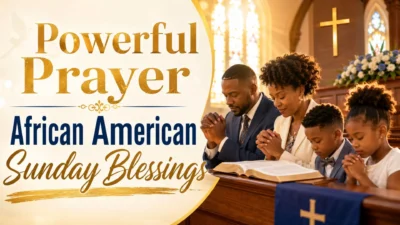 African American Sunday blessings prayer with family praying in church and Bible in warm morning light
