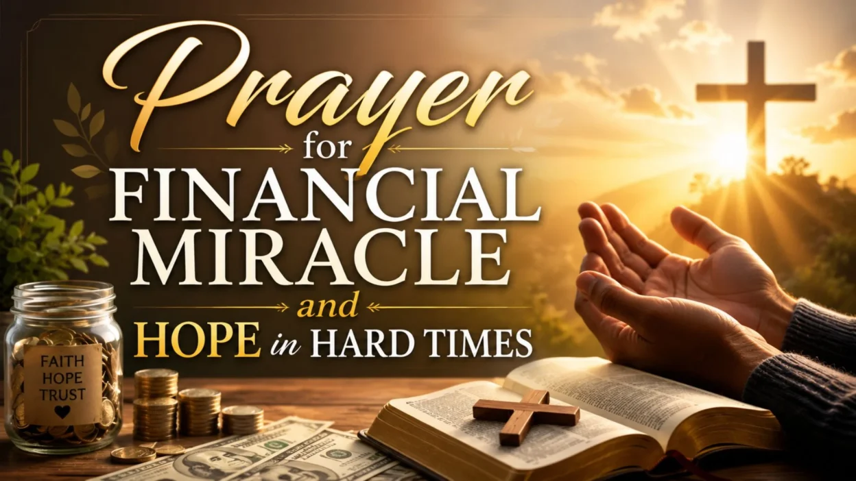 Prayer for financial miracle with praying hands, open Bible, cross, coins, cash, and a hopeful sunrise.