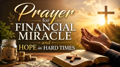 Prayer for financial miracle with praying hands, open Bible, cross, coins, cash, and a hopeful sunrise.