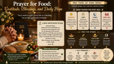 Prayer for food with praying hands, Bible, candle, healthy meal, and warm blessings of gratitude and daily hope.
