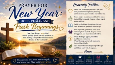 New Year prayer image with sunrise, an open Bible, a cross, and themes of hope, peace, and fresh beginnings.