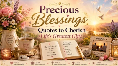 Precious blessings quotes image with sunrise, flowers, journal, family photo, candles, and messages of faith and gratitude.