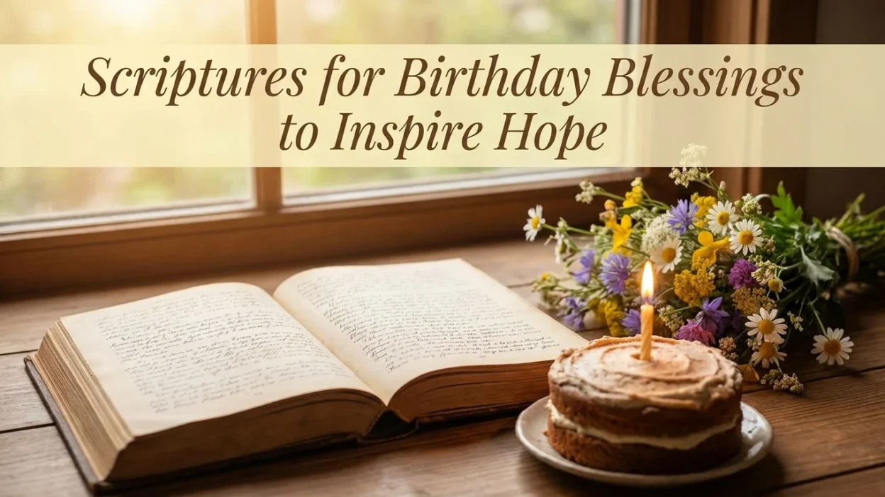 Scriptures for birthday blessings image with Bible, candles, flowers, and hopeful Christian birthday prayer.