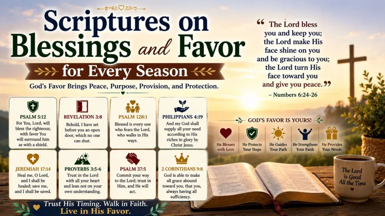 Scriptures on blessings and favor with an open Bible, sunrise, cross, and inspiring verses for every season.