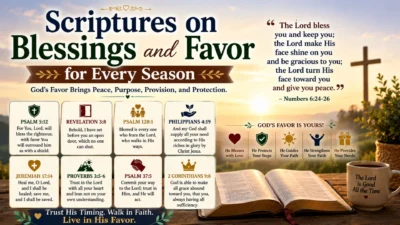 Scriptures on blessings and favor with an open Bible, sunrise, cross, and inspiring verses for every season.