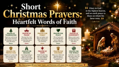 Short Christmas prayers with a nativity scene, candles, Bible verse, and heartfelt words of faith.