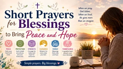 Short prayers for blessings with a woman praying beside an open Bible during a peaceful sunrise.