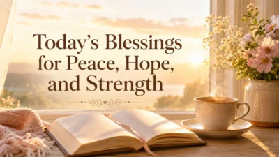 Today's blessings cover with sunrise, journal, tea cup, flowers, and peaceful hopeful morning light