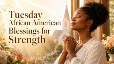 Tuesday African American blessings for strength with a praying Black woman in warm morning light