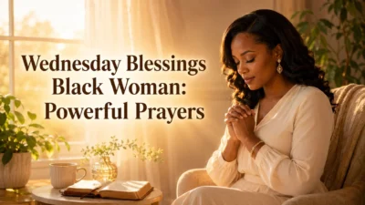 Black woman praying in golden morning light for Wednesday blessings, powerful prayers, peace, and faith