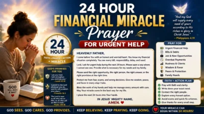 24 hour financial miracle prayer image with a praying woman, Bible, sunrise, clock, and urgent financial help message.