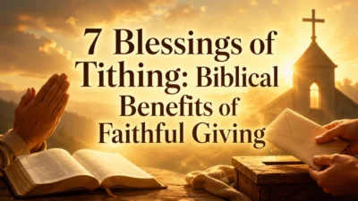 7 blessings of tithing image with open Bible, praying hands, church, offering box, and golden sunrise.