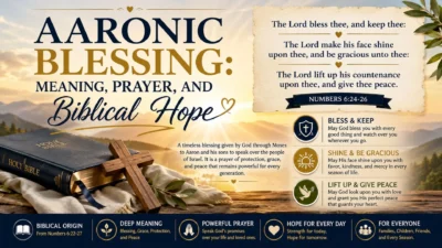 Aaronic Blessing image with Holy Bible, wooden cross, sunrise, and Numbers 6:24–26 about grace, protection, and peace.