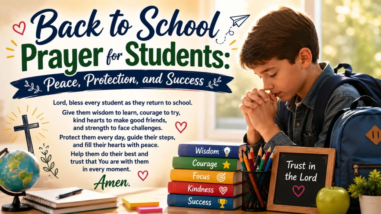 Back to school prayer for students image with praying boy, books, backpack, cross, and message of peace and success.