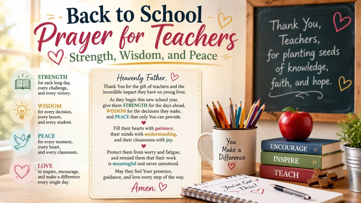 Back to school prayer for teachers image with classroom books, apple, pencils, cross, and messages of strength, wisdom, and peace.
