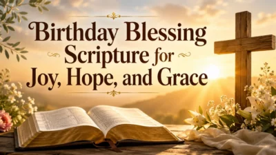 Birthday blessing scripture image with an open Bible, wooden cross, flowers, and sunrise for joy, hope, and grace.