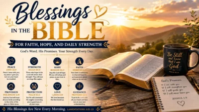 Blessings in the Bible image with open Scripture, golden sunrise, coffee, and messages of faith, hope, and daily strength.