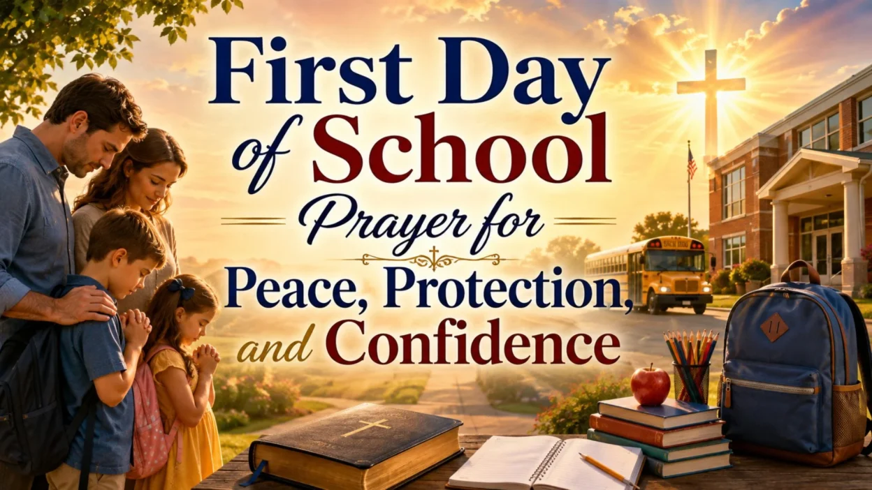 First day of school prayer image with family praying, cross, school bus, books, and backpack at sunrise.