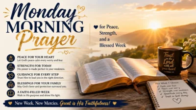 Monday morning prayer image with sunrise, open Bible, coffee, flowers, and a peaceful message for a blessed week.