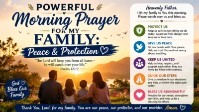 Powerful morning prayer for my family image with sunrise, family silhouette, peace, protection, and Psalm 121:7.