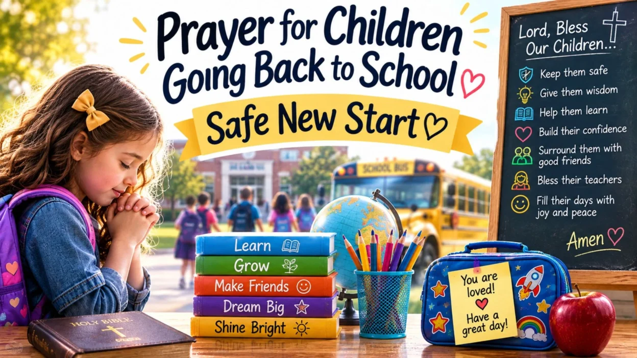 **Alt Text:** Prayer for children going back to school with a praying child, school bus, books, and a safe new start theme.