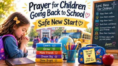 **Alt Text:** Prayer for children going back to school with a praying child, school bus, books, and a safe new start theme.