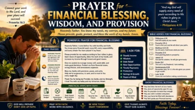 Financial blessing prayer image with a praying man, open Bible, sunrise, and messages of wisdom, provision, and faith.