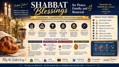 Shabbat blessings image with candles, challah, Kiddush cup, family symbols, and peaceful Friday night traditions.